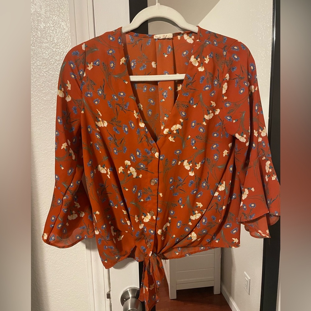 Floral Rust Blouse with Tie Front
